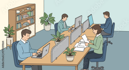 Illustration of people working in an office with computers and plants.