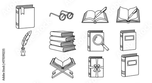 Collection of Book Icons with Reading Tools