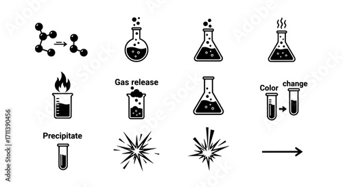 A collection of simple scientific icons illustrating various chemical processes and laboratory experiments