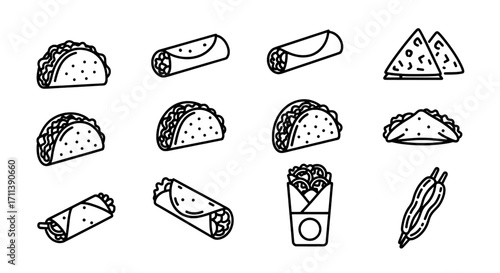 Set of Mexican food icons including tacos, burritos, and nachos
