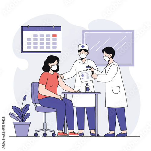 Flat 2D vector illustration of a female patient receiving a flu shot from a nurse in a clinic, a calendar on the wall highlights health appointments, promoting vaccination and medical care.