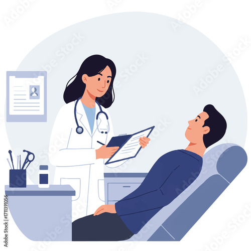 A detailed 2D flat vector illustration shows a female doctor in a white coat providing a medical consultation to a male patient in a clean examination room with instruments.