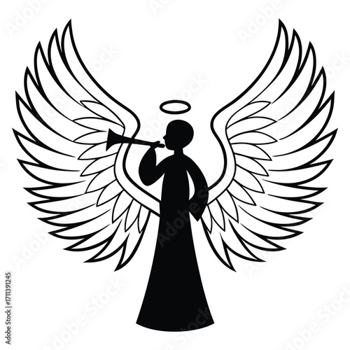 A black silhouette of an angel with a trumpet