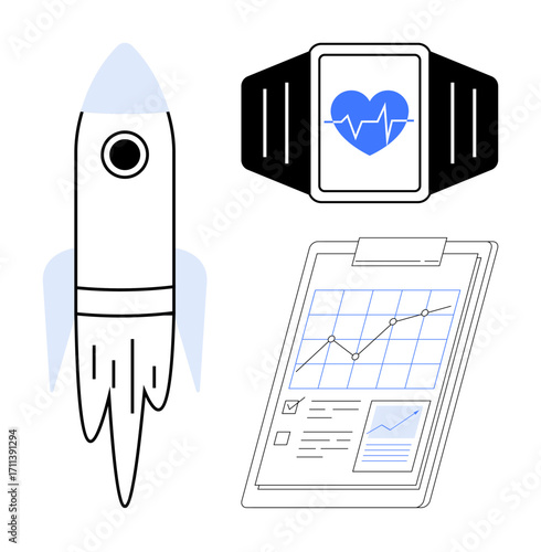 Rocket symbolizing innovation, smartwatch tracking health, and clipboard presenting data-driven insights. Ideal for technology, health, analytics, growth, business startups innovation. Simple flat
