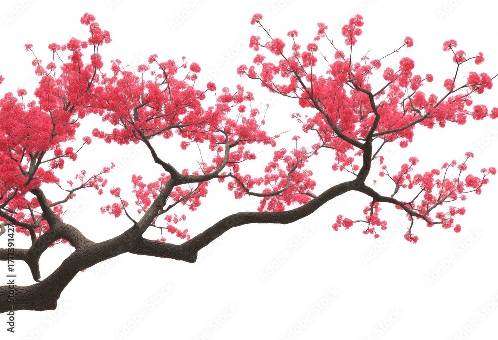 Fototapeta premium Pink cherry blossoms on a dark-brown branch against a white background