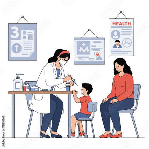 A caring nurse administers a vital vaccine to a young child at a community health clinic, with the supportive parent looking on, depicted in a clean 2D flat vector illustration.