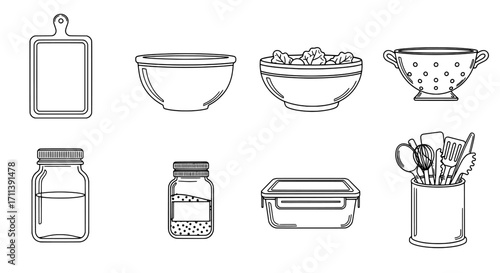 Assorted Kitchen Utensils Vector Line Art for Culinary Themes and Decor