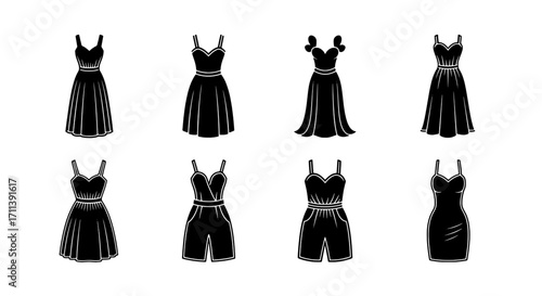 Collection of black dresses and outfits on a white background