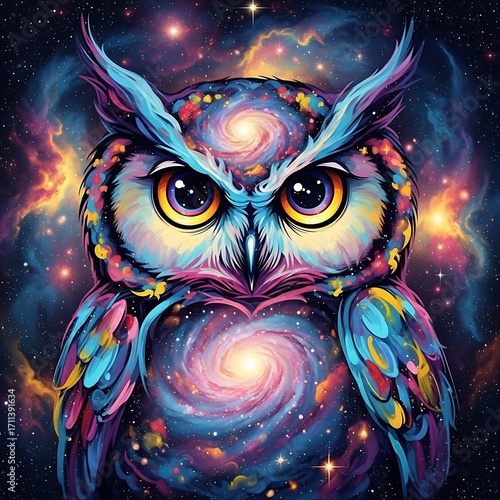 Colorful Owl in Cosmic Galaxy.