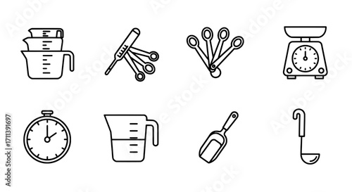 Set of kitchen measuring tools and cooking icons