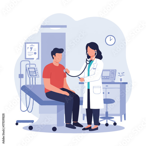 Female doctor in a white coat using a stethoscope to examine a male patient sitting on an examination bed, presented as a clean flat 2D vector illustration.