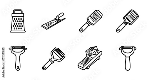 Line Art Icons of Kitchen Utensils Including Various Graters and Peelers