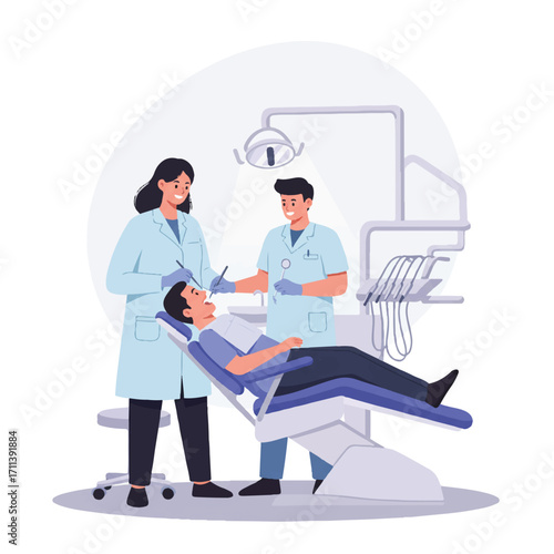 A 2D flat vector illustration shows a professional dentist and assistant meticulously examining a patient's teeth in a bright dental chair, emphasizing professional oral care and hygiene.
