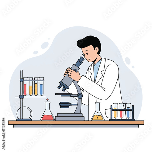 2D flat vector illustration of a scientist in a lab coat looking into a microscope, with test tubes and beakers on a lab bench, focused on scientific discovery.