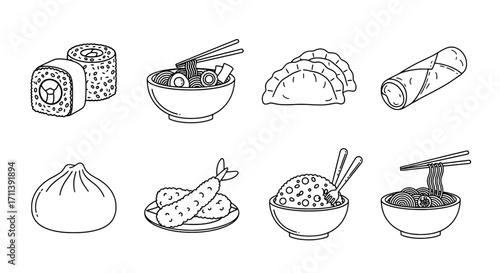 Delicious Asian Cuisine A Line Art Illustration of Popular Dishes