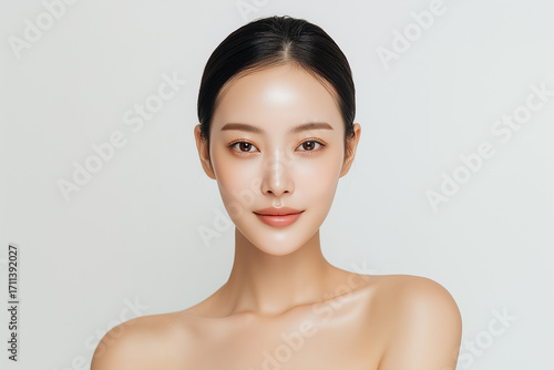 カメラ目線でこちらを見つめる、美しい肌の女性の美容ポートレート　Beautiful Woman with Flawless Skin Looking at the Camera