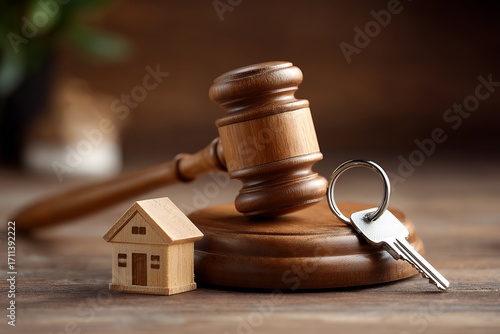 Wooden gavel and key with house model symbolizing real estate law and property ownership