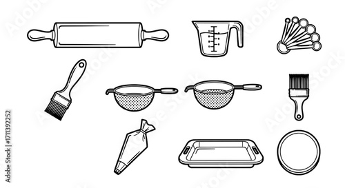 Collection of baking and cooking utensils and tools