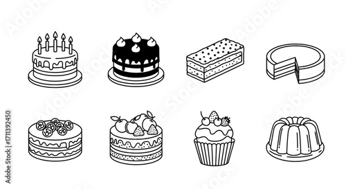 Delicious Cakes Line Art Assortment of Bakery Treats