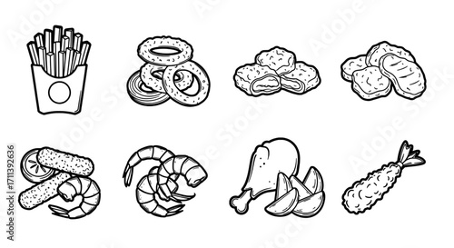 Assorted Fried Food Line Art