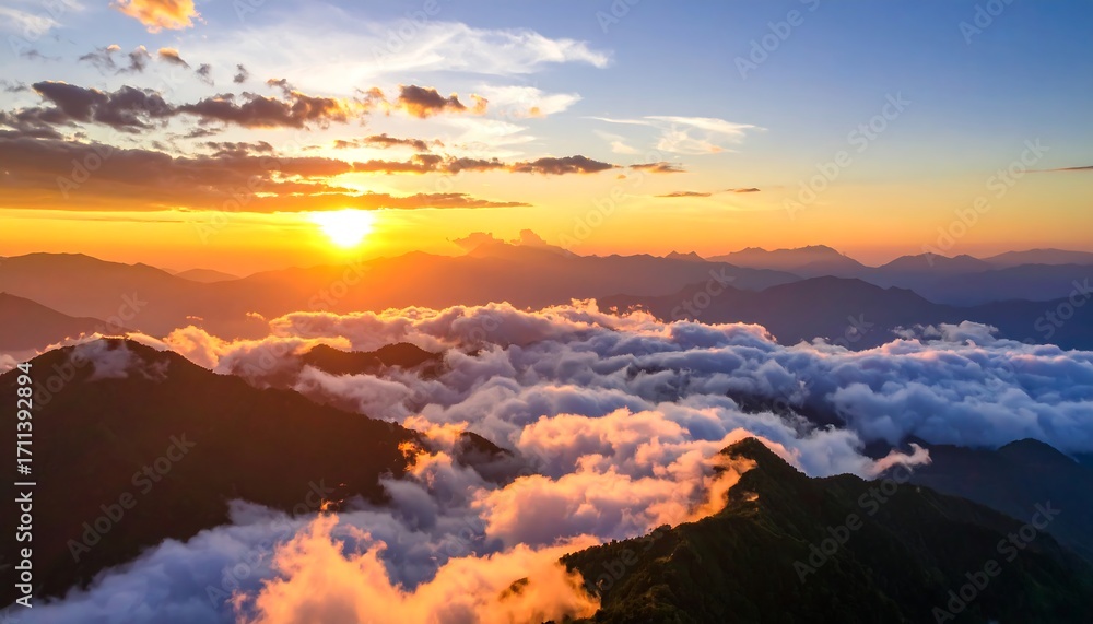 Fototapeta premium Mountain sunset view, clouds