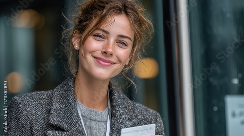 Radiant young woman with bright blue eyes and a warm smile, holding a white card, embodies modern professionalism and approachability.