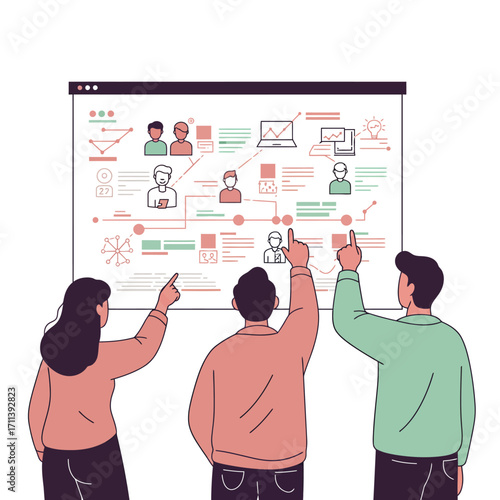 Engaged professionals collaboratively analyzing a strategic blueprint displayed on a large screen, unraveling complexities of a project management concept with shared insights