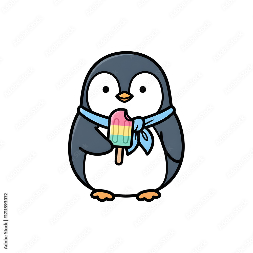 Fototapeta premium cute penguin doodle sticker enjoying a colorful ice cream popsicle, ideal for cool summer and animal design