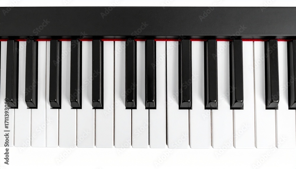 Fototapeta premium Section of piano keyboard with alternating black and white keys on white background