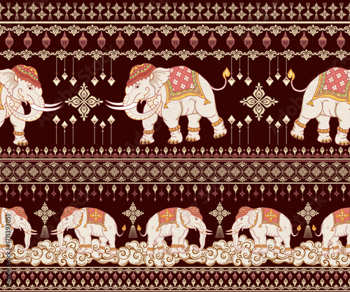  Thai art elephant ethnic, traditional pattern design, hand drawn, vector illustration.