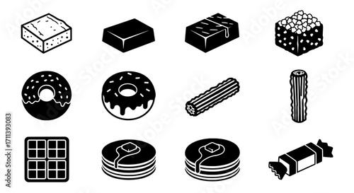 A graphic collection of isometric icons featuring desserts and sweet bakery treats