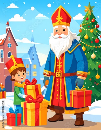 Christmas scene with saint Nicholas