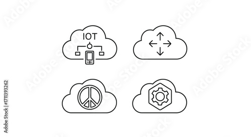 Vector illustration of cloud computing icons representing iot, network, peace, and setting internet of things and global connection concept