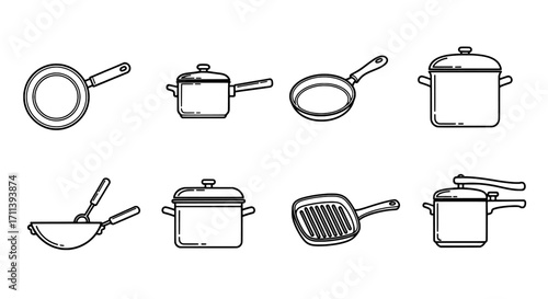 Essential Kitchen Cookware Line Art Icons Set Pots, Pans, and Culinary Tools for Home Cooking