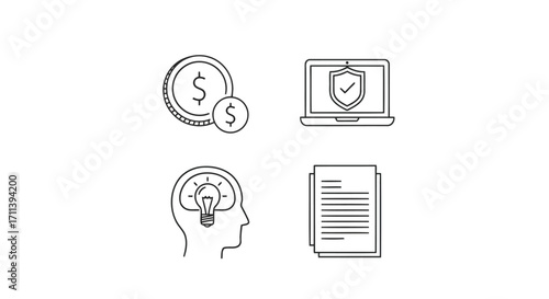 Vector illustration of business and finance concept, set of hand drawn icons representing money, security, idea and documents in doodle style