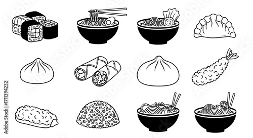 Diverse collection of popular Asian food items, including sushi, ramen, and dim sum, rendered as clean line art illustrations