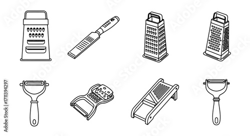 Essential Kitchen Utensils A Comprehensive Collection of Graters and Peelers in Sleek Line Art