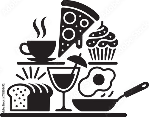 Delicious food icons: coffee, pizza, cupcake, bread, drink, egg