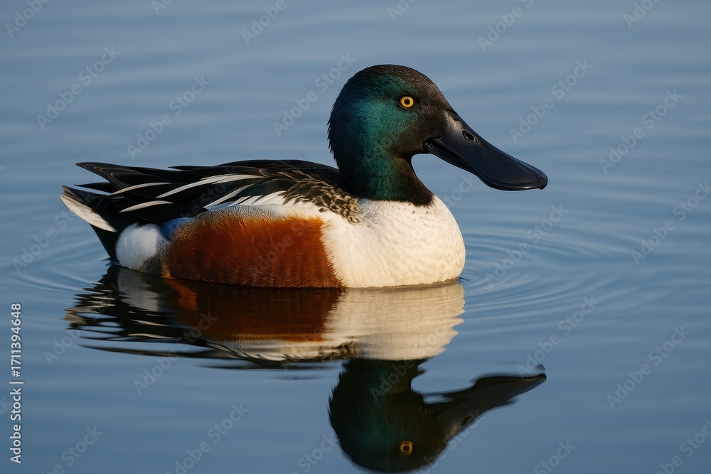 Obraz premium Northern Shoveler Duck: A close-up captures a single Northern Shoveler duck, with its distinctive long, broad bill, gliding serenely across tranquil water, mirroring its beauty.