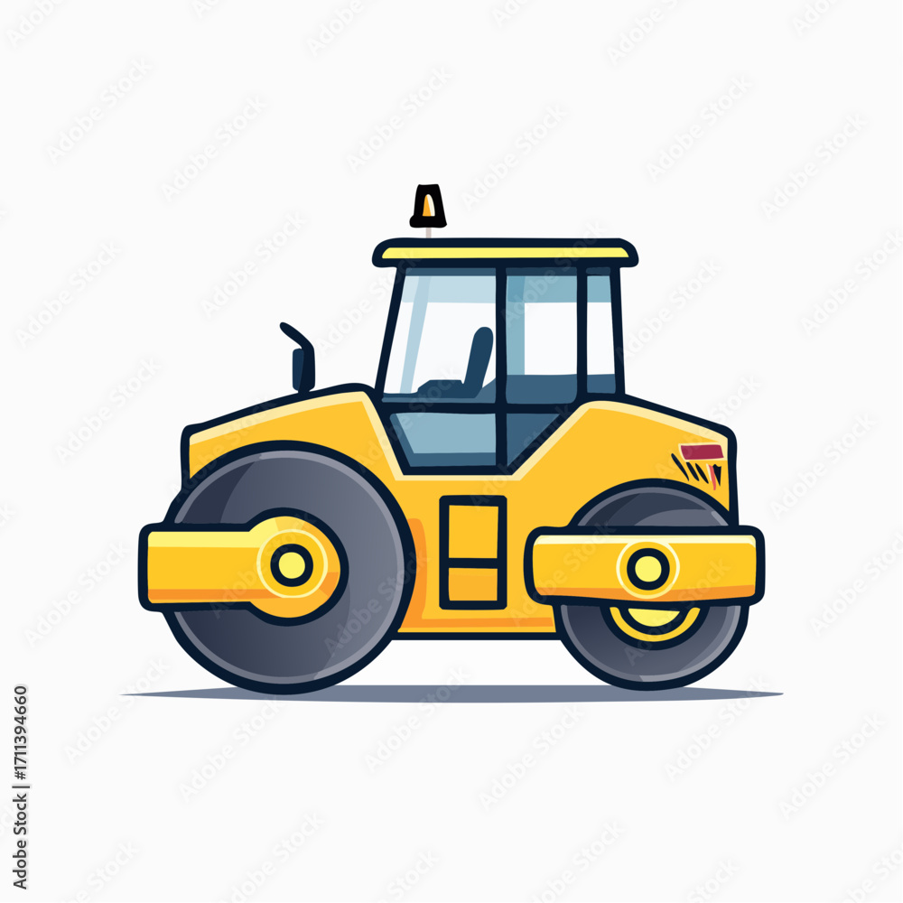 Fototapeta premium A vibrant yellow road roller illustration, depicting a heavy construction vehicle used for paving and compacting asphalt, presented in a clean cartoon vector style