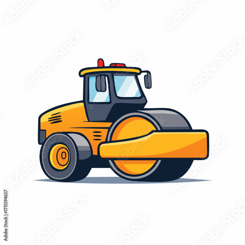 Illustration of a yellow road roller, a heavy construction machine used for compacting surfaces