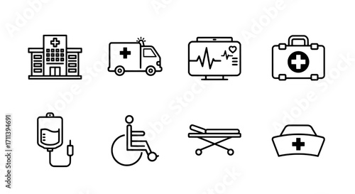 Medical Icons Collection Hospital, Ambulance, and Healthcare Symbols