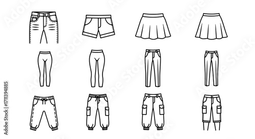 Collection of various casual bottom wear items in a line art style