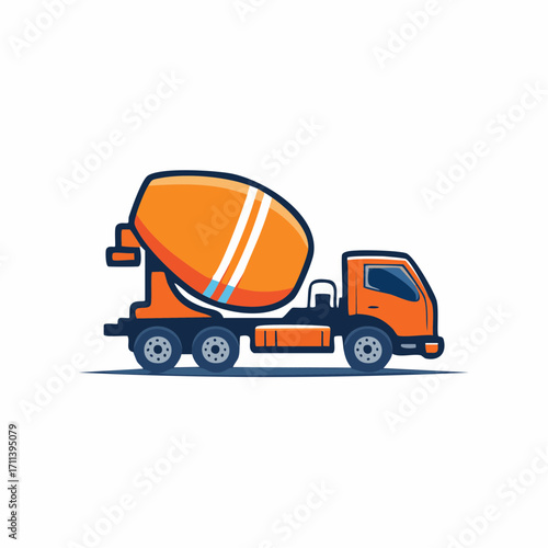 Side view of an orange concrete mixer truck, a vibrant logo for the industrial construction and building sector