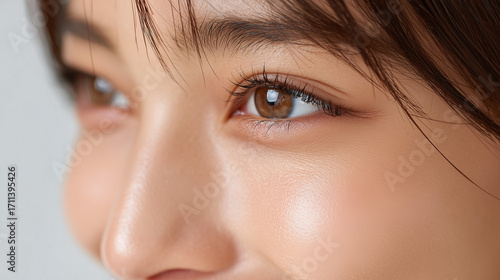 涙袋が印象的な美しい日本人女性の目元アップ　Close-up of a Beautiful Japanese Woman's Eyes with Prominent Tear Bags
