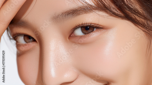 涙袋が印象的な美しい日本人女性の目元アップ　Close-up of a Beautiful Japanese Woman's Eyes with Prominent Tear Bags