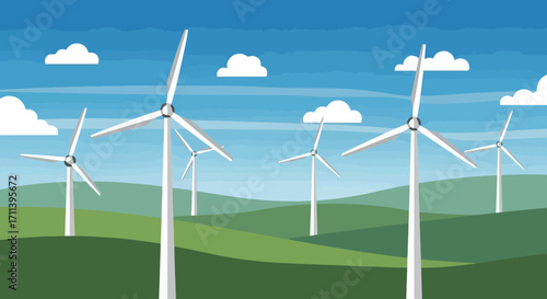 Serene Landscape Featuring Wind Turbines on Rolling Green Hills Against a Blue Sky, Showcasing Renewable Energy and Sustainable Practices for a Greener Future.