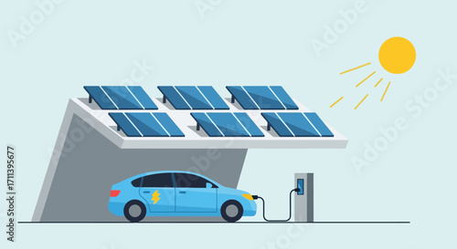 Electric Vehicle Charging Under Solar Panels, Promoting Sustainable Transportation and Renewable Energy Solutions for Eco-Friendly Living and Environmental Preservation