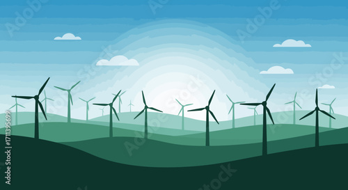 Serene Wind Farm Landscape Illustration for Clean Energy Initiatives and Sustainable Development Projects, Promoting Renewable Power and Environmental Responsibility.