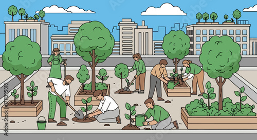 Urban Community Garden Project Illustrating Sustainable Living and Green Initiatives for Environmental Awareness and Promoting Biodiversity